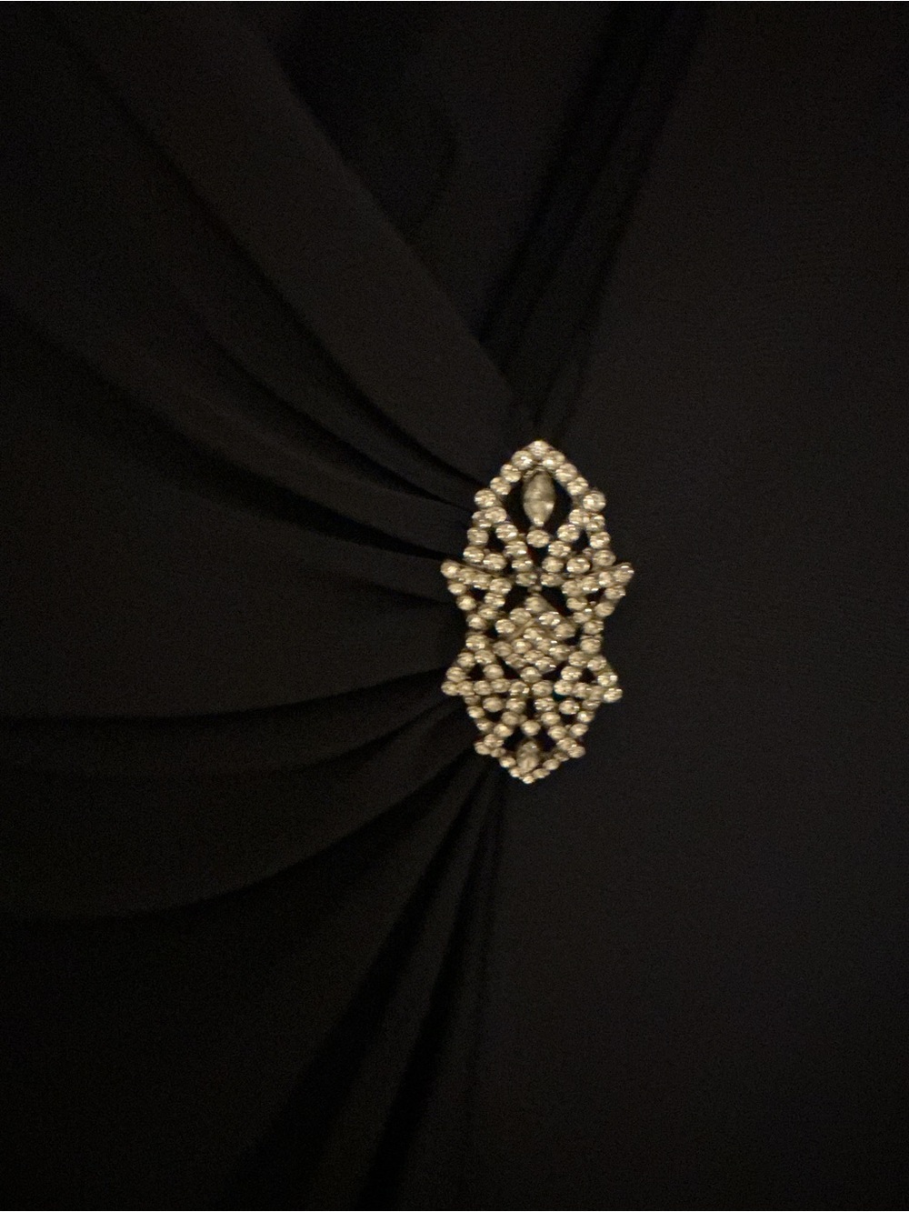 R&M Richards Navy Blue Long Sleeve Draped Evening dress with Rhinestone Brooch - Picture 5 of 8